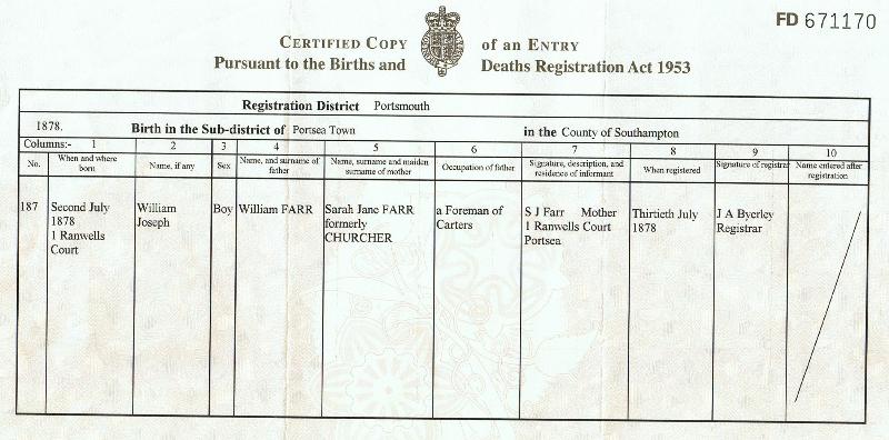 Farr (William Joseph) 1878 Birth Certificate